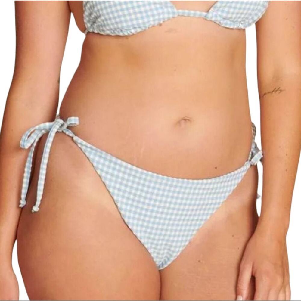 Andie The String Bikini Bottom in Pool Blue Gingham